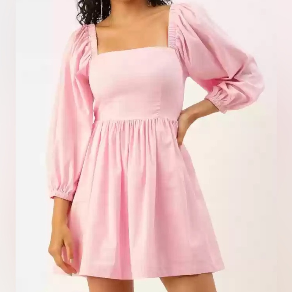EVERY Women’s Pink Puff Sleeve Square Neck Dress size L NWT w/Pockets Smocked